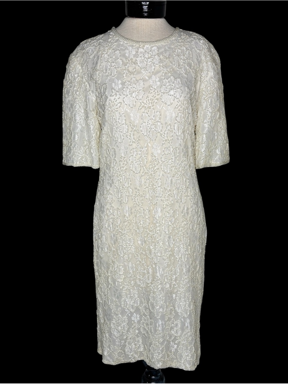 Beaded Dress Laurence Kazar L Vintage Ivory Off White knee length ss cocktail